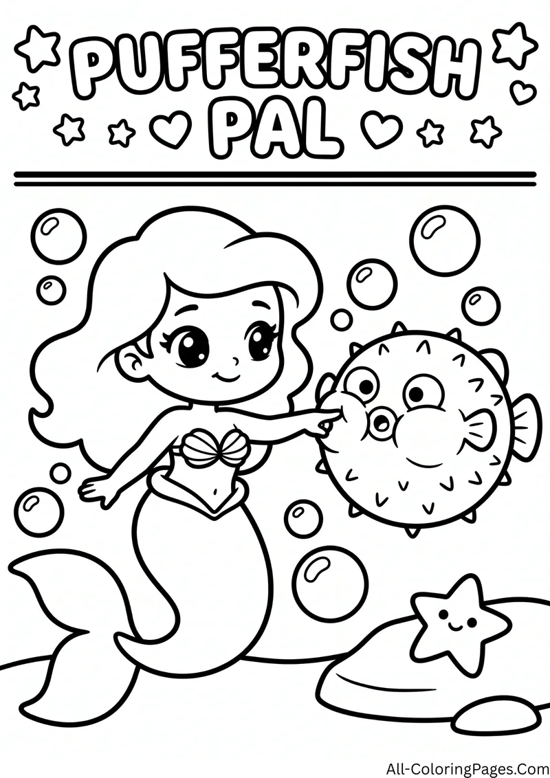Mermaid touching the nose of a round pufferfish among bubbles, with a starfish and the title Pufferfish Pal