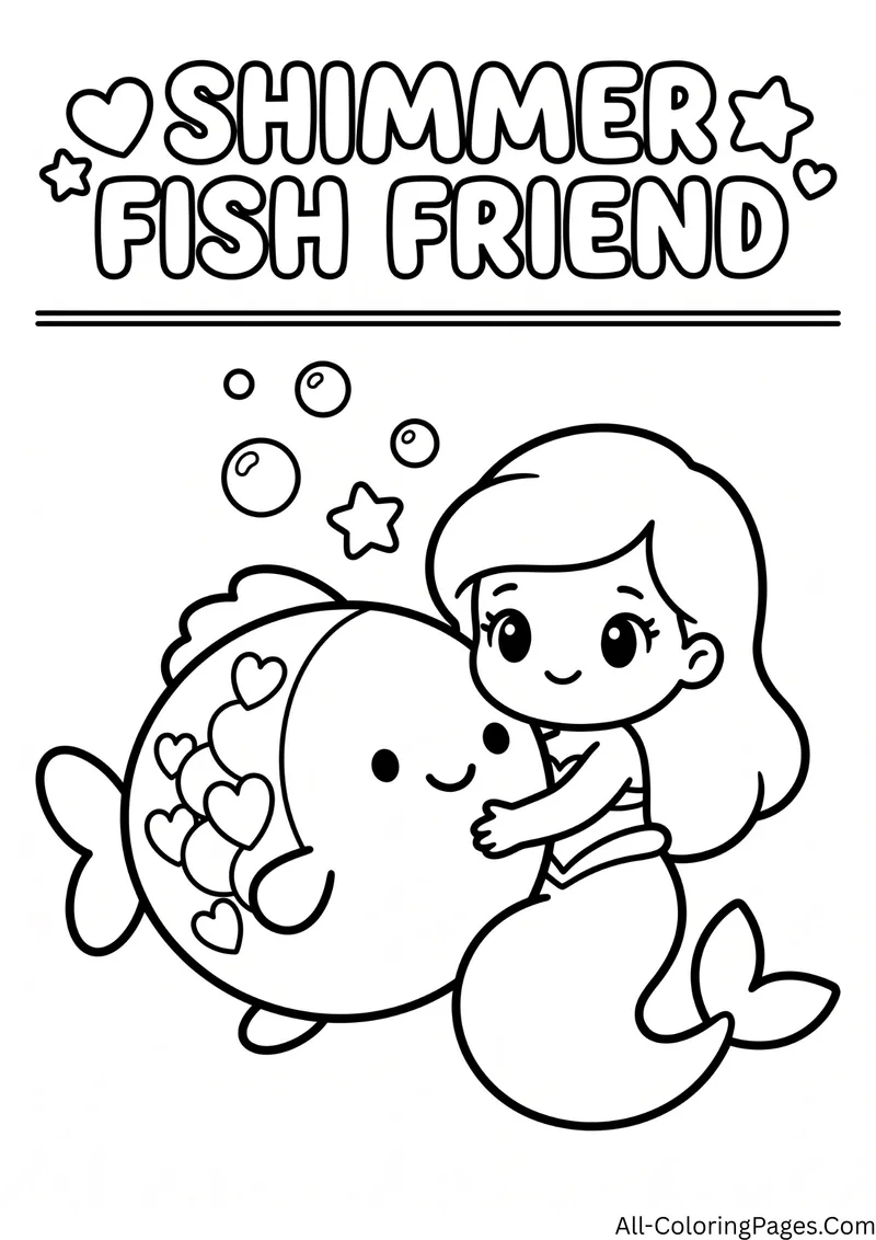 Mermaid hugging a large smiling fish with heart shaped scales, with the title Shimmer Fish Friend