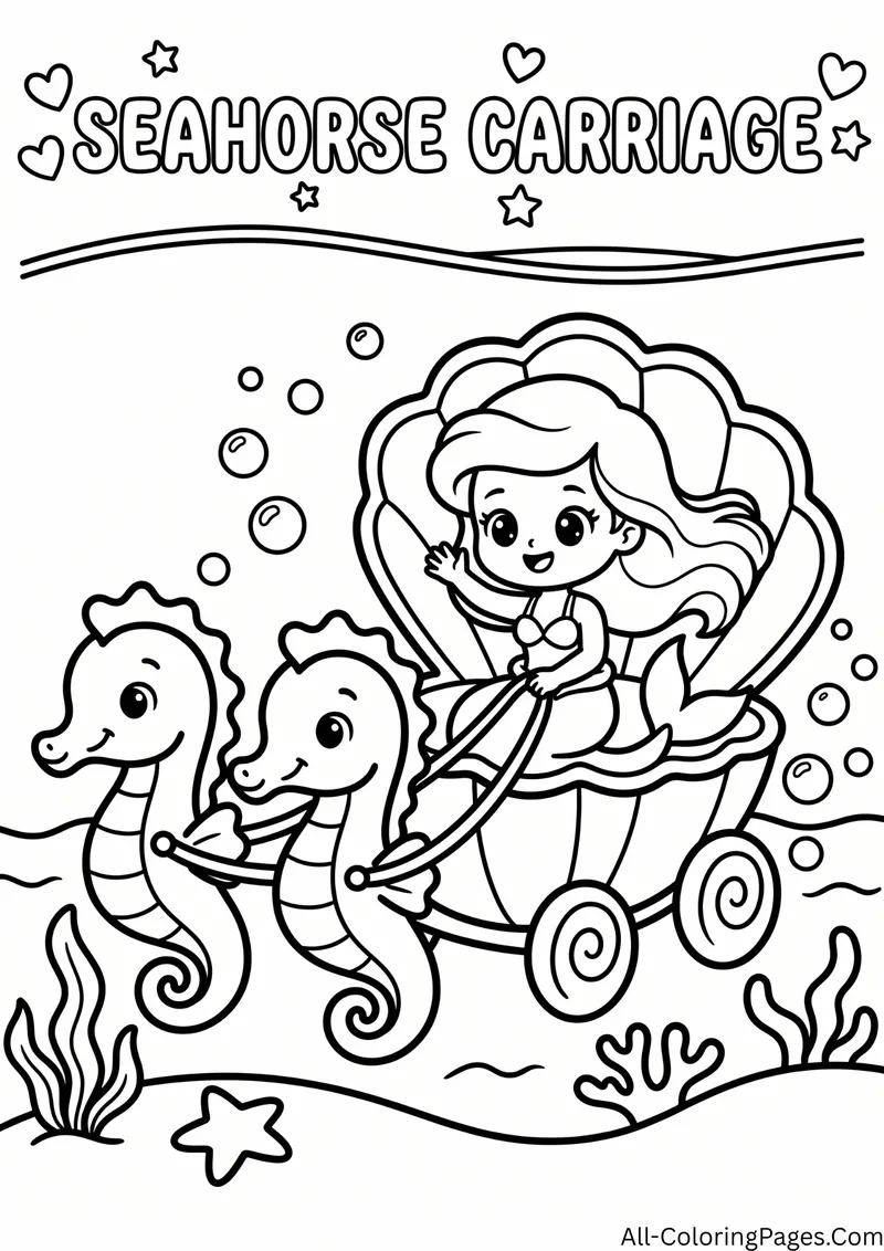 Mermaid riding in a seashell carriage pulled by two seahorses, with the title Seahorse Carriage