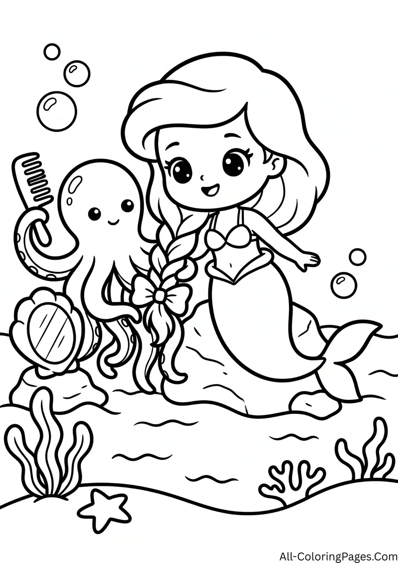 Octopus holding a comb and a mirror while braiding a mermaid's hair under the sea