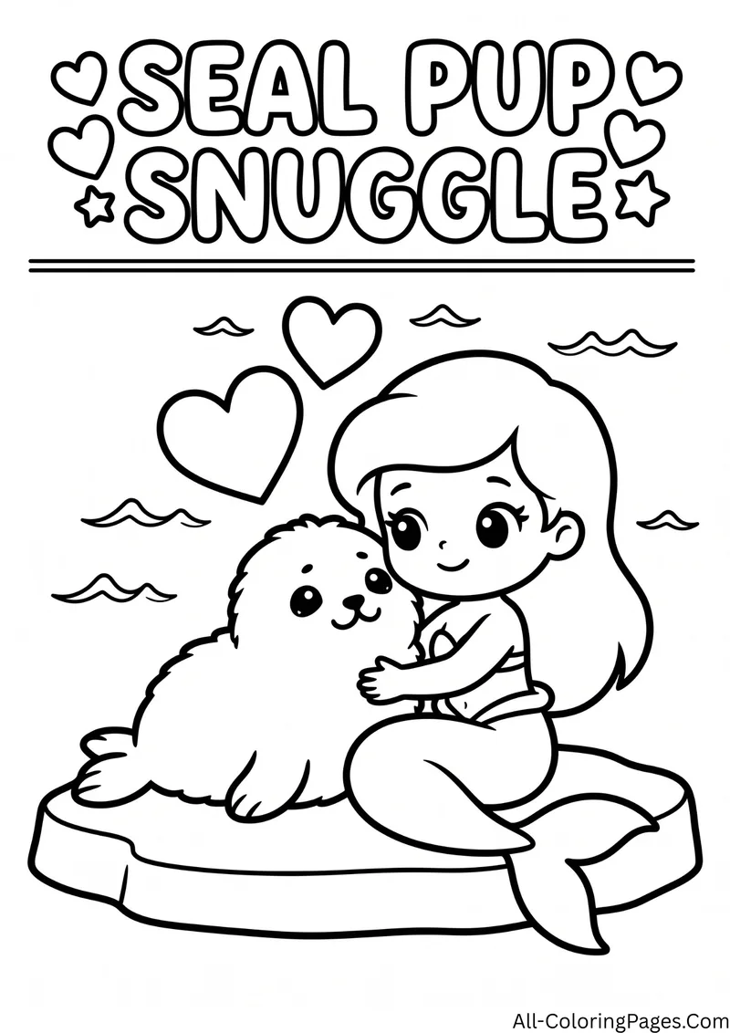 Mermaid hugging a baby seal on an ice floe with a heart above, with the title Seal Pup Snuggle