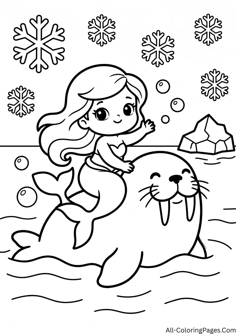 Mermaid riding a walrus in icy water with snowflakes and an iceberg