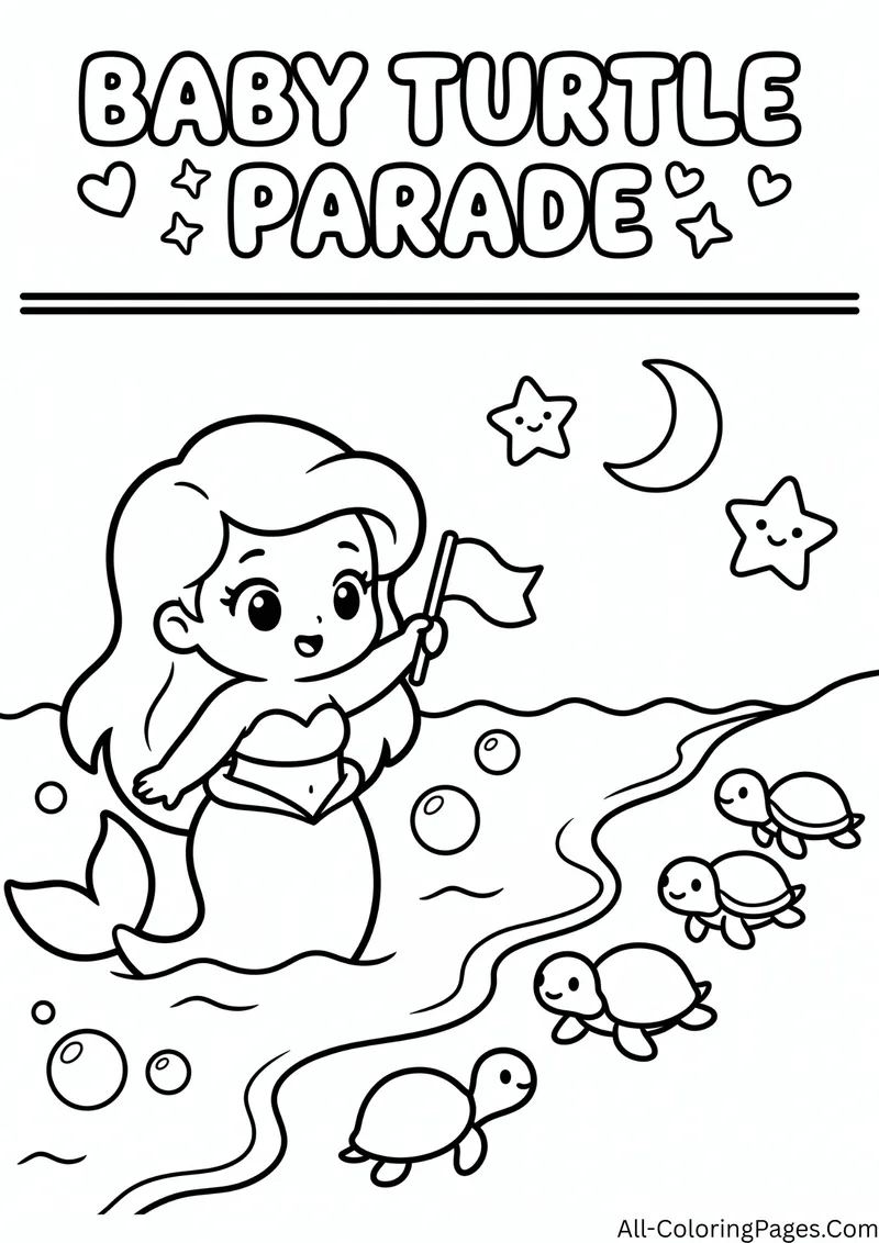 Mermaid holding a flag leading baby sea turtles along a path to the sea, with the title Baby Turtle Parade