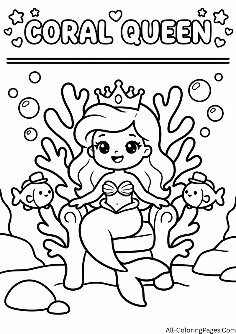 Mermaid wearing a crown sitting on a coral throne with two fish beside her, with the title Coral Queen