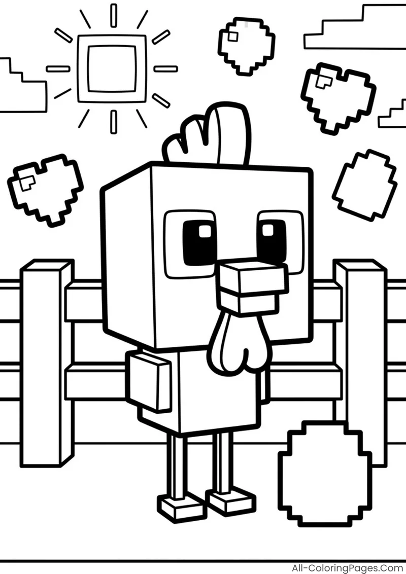 A blocky chicken beside a fence surrounded by eggs and feathers