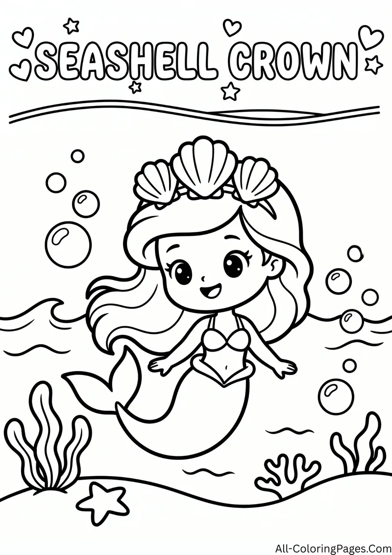 Smiling mermaid wearing a crown of seashells among bubbles and seaweed, with the title Seashell Crown