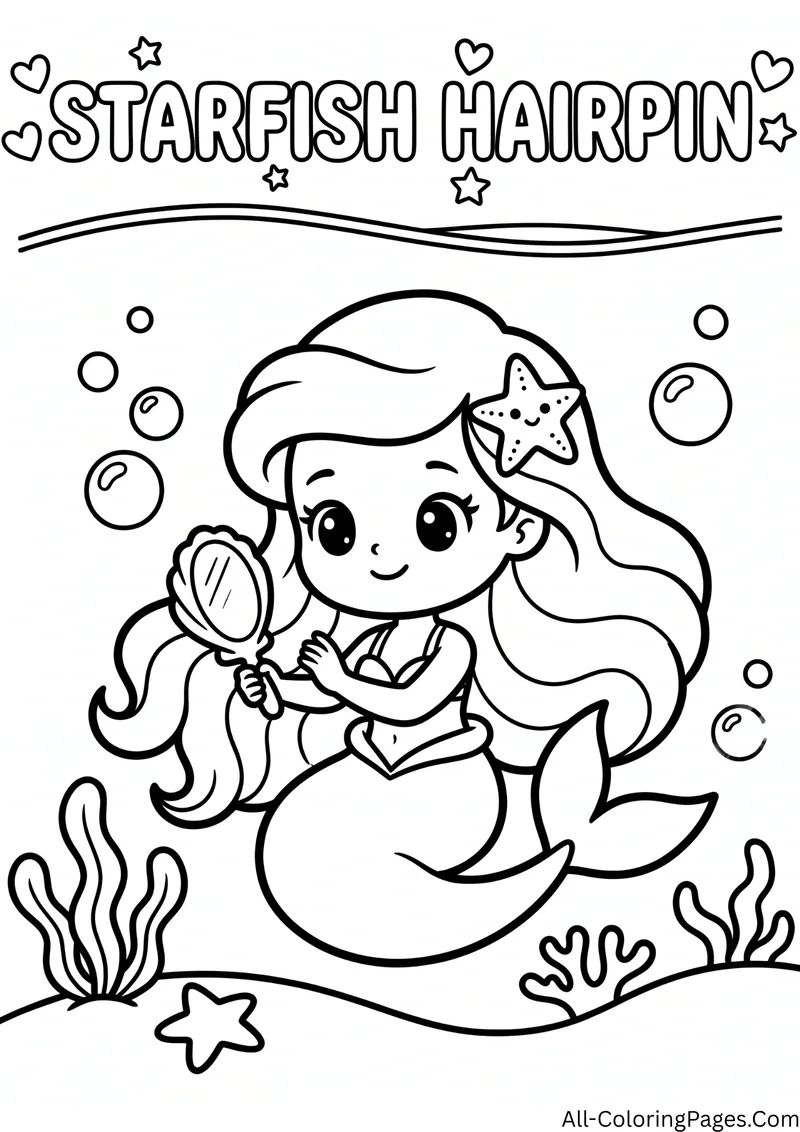 Mermaid holding a hand mirror with a starfish hairpin in her hair, with the title Starfish Hairpin