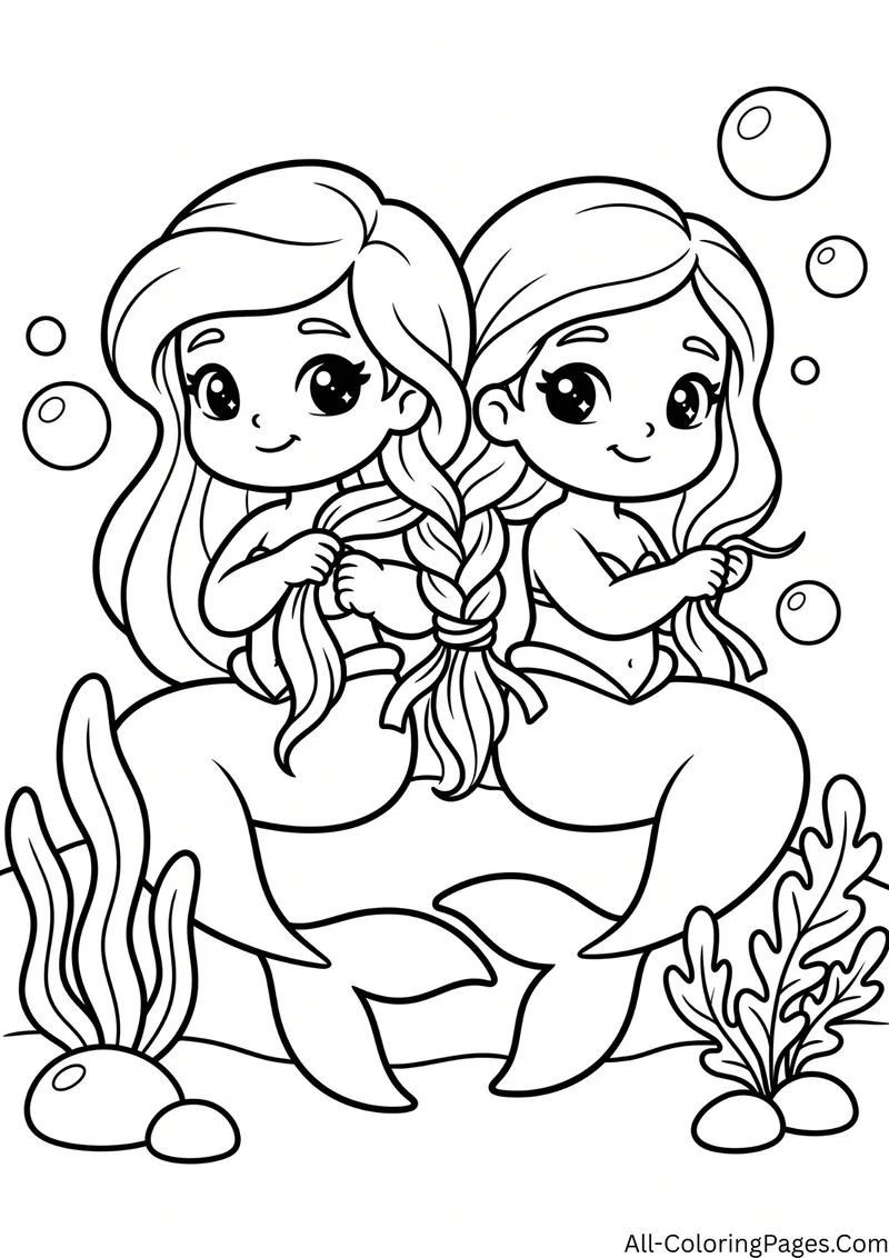 Two mermaids braiding each other's hair sitting among seaweed and bubbles