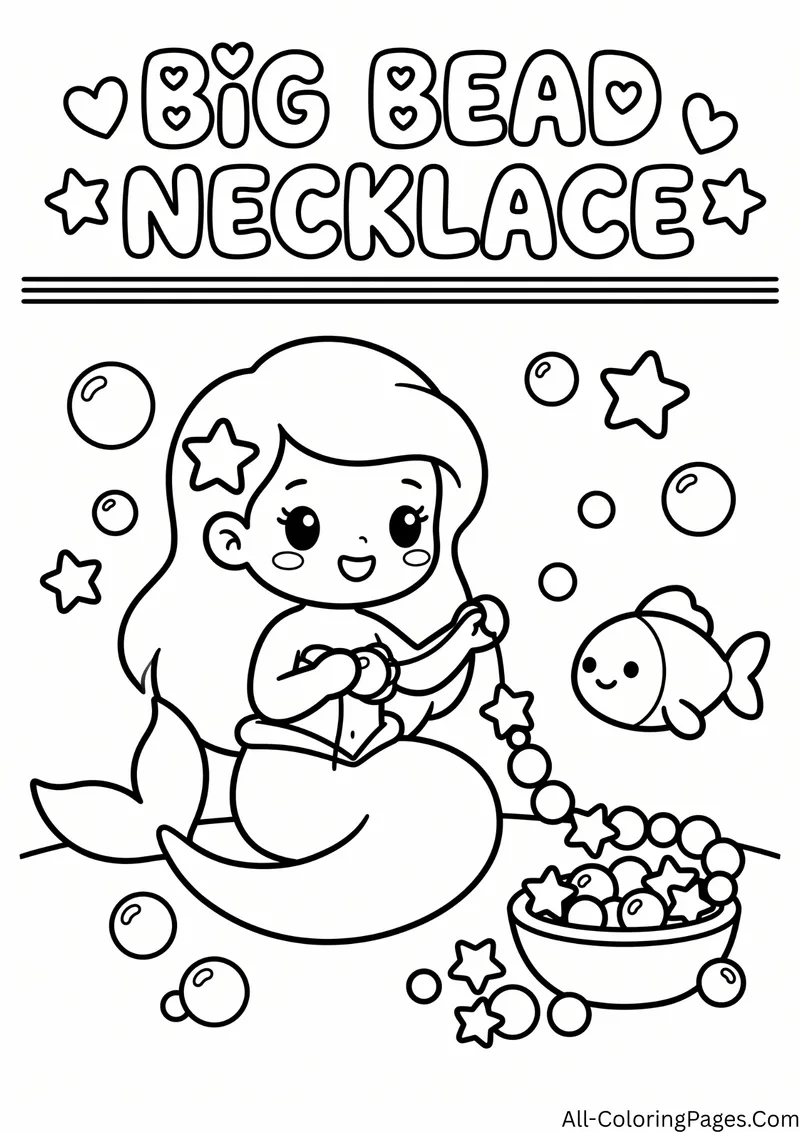 Mermaid threading a bead necklace from a bowl of beads with a fish nearby, with the title Big Bead Necklace