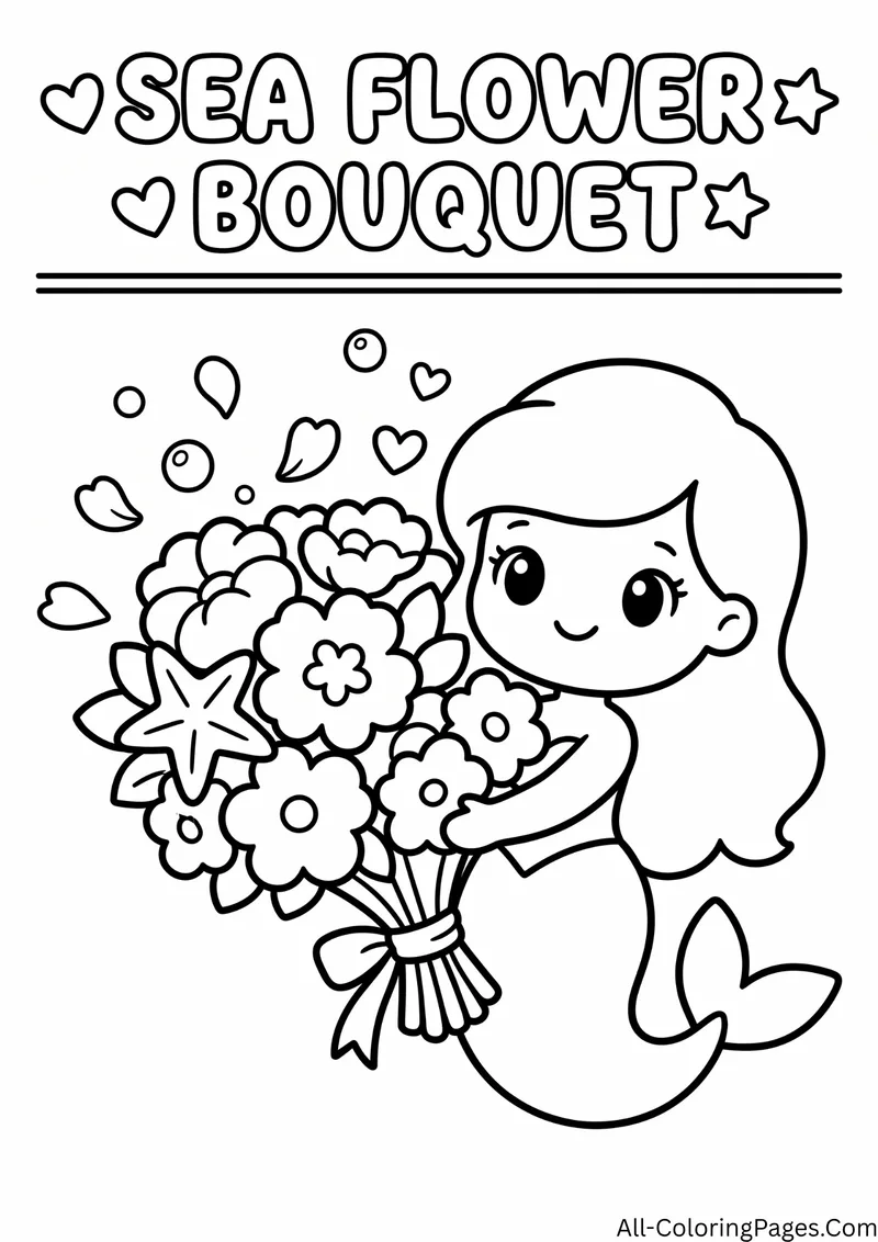 Mermaid holding a large bouquet of flowers and a starfish tied with a ribbon, with the title Sea Flower Bouquet