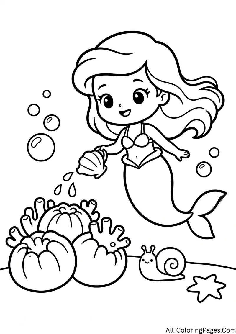 Mermaid pouring water from a seashell onto coral with a snail and a starfish