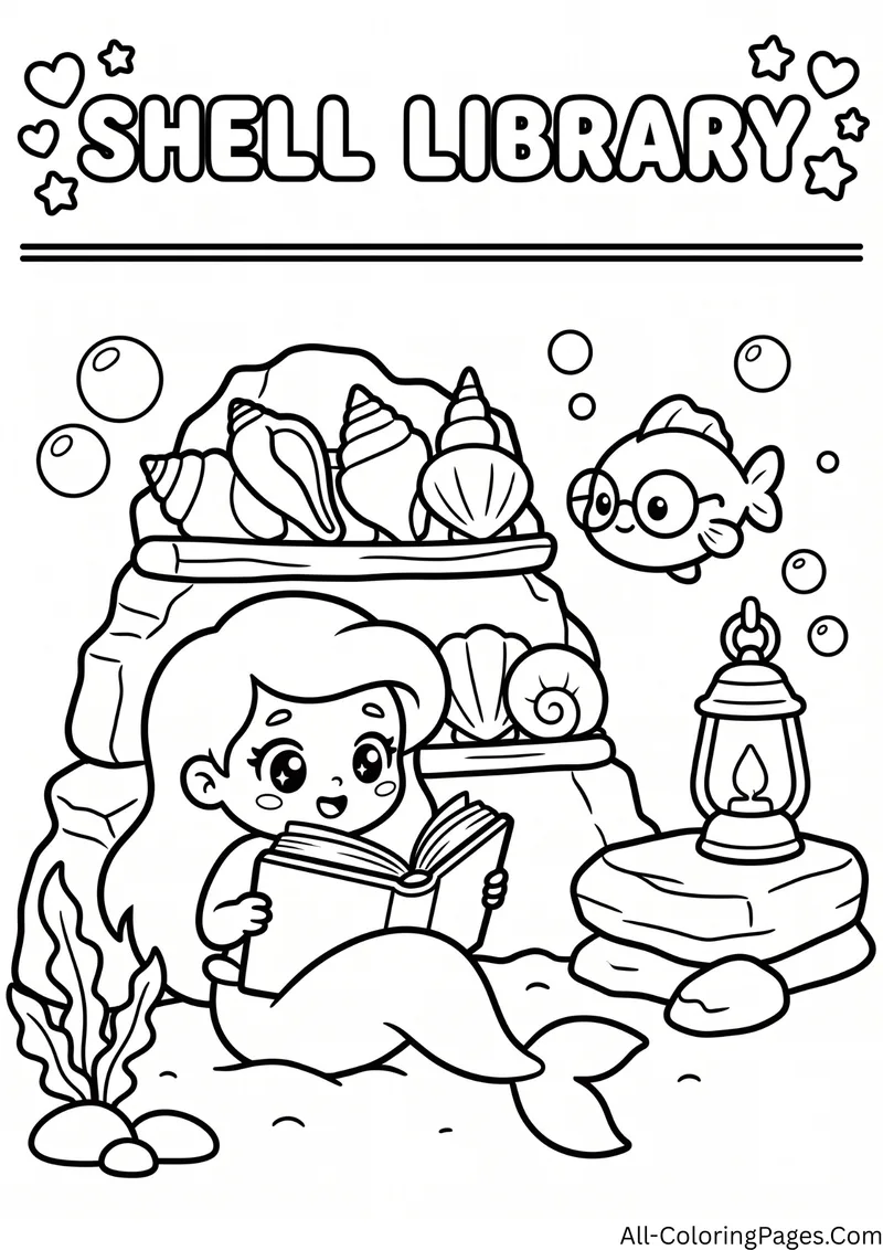 Mermaid reading a book next to rock shelves of seashells and a lantern, with a fish, and the title Shell Library
