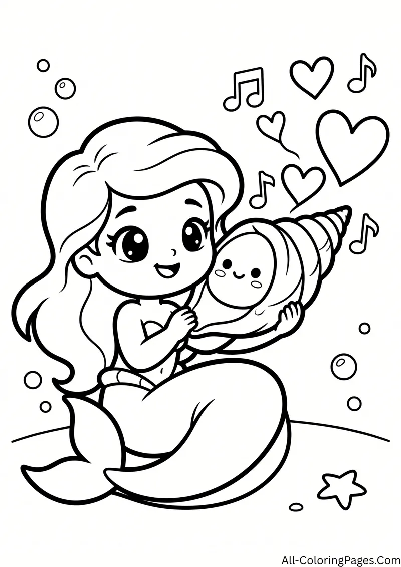 Mermaid talking into a conch shell like a phone with hearts and music notes