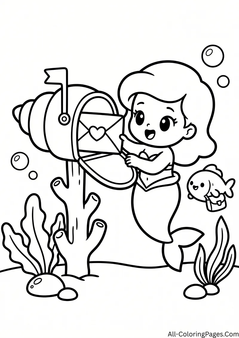 Mermaid taking a heart letter from a seashell mailbox with a fish carrying a bag