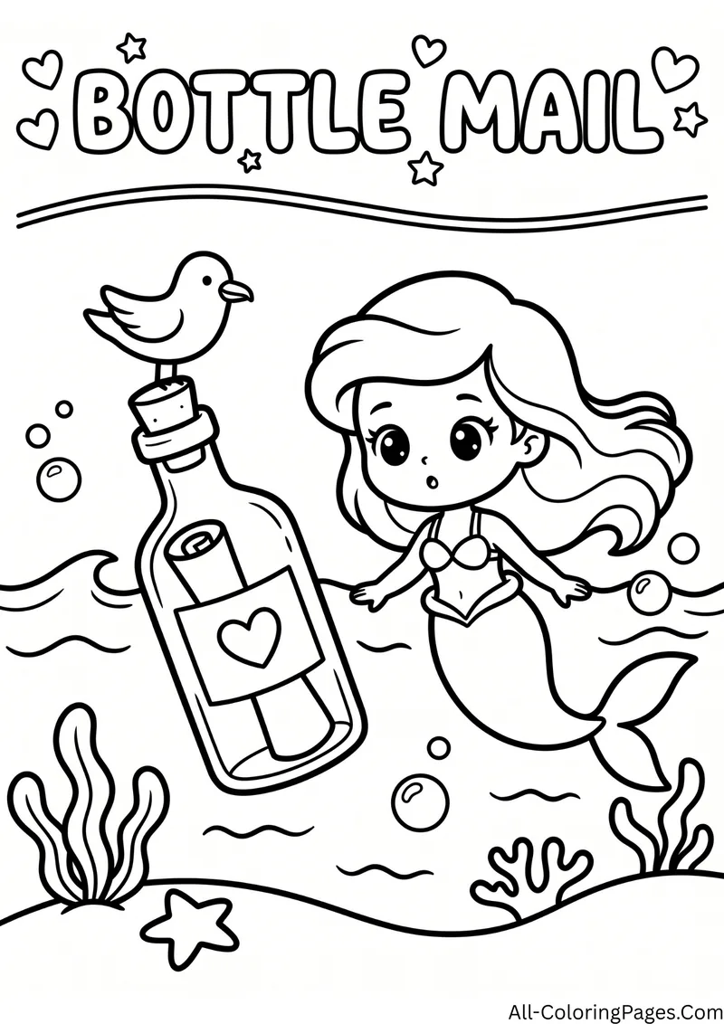 Mermaid next to a floating bottle with a heart message and a seagull on the cork, with the title Bottle Mail