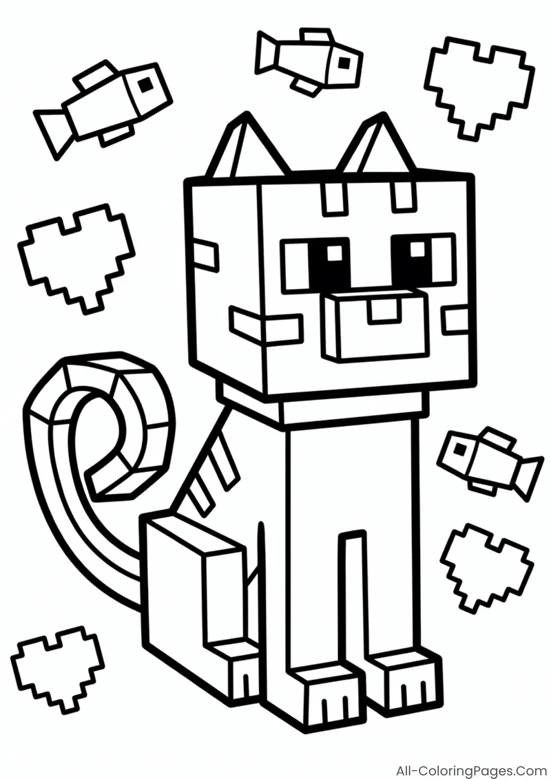A seated spotted blocky cat surrounded by fish