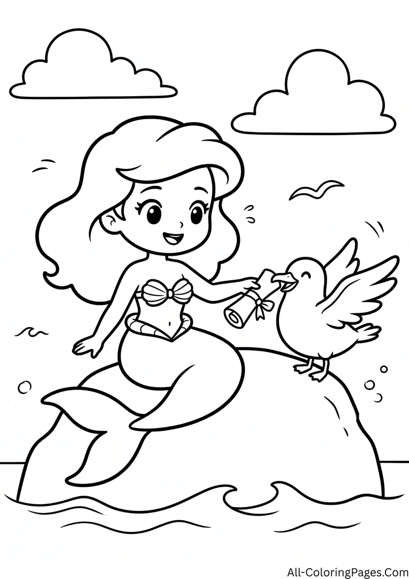 Mermaid sitting on a rock taking a rolled note from a seagull, with clouds