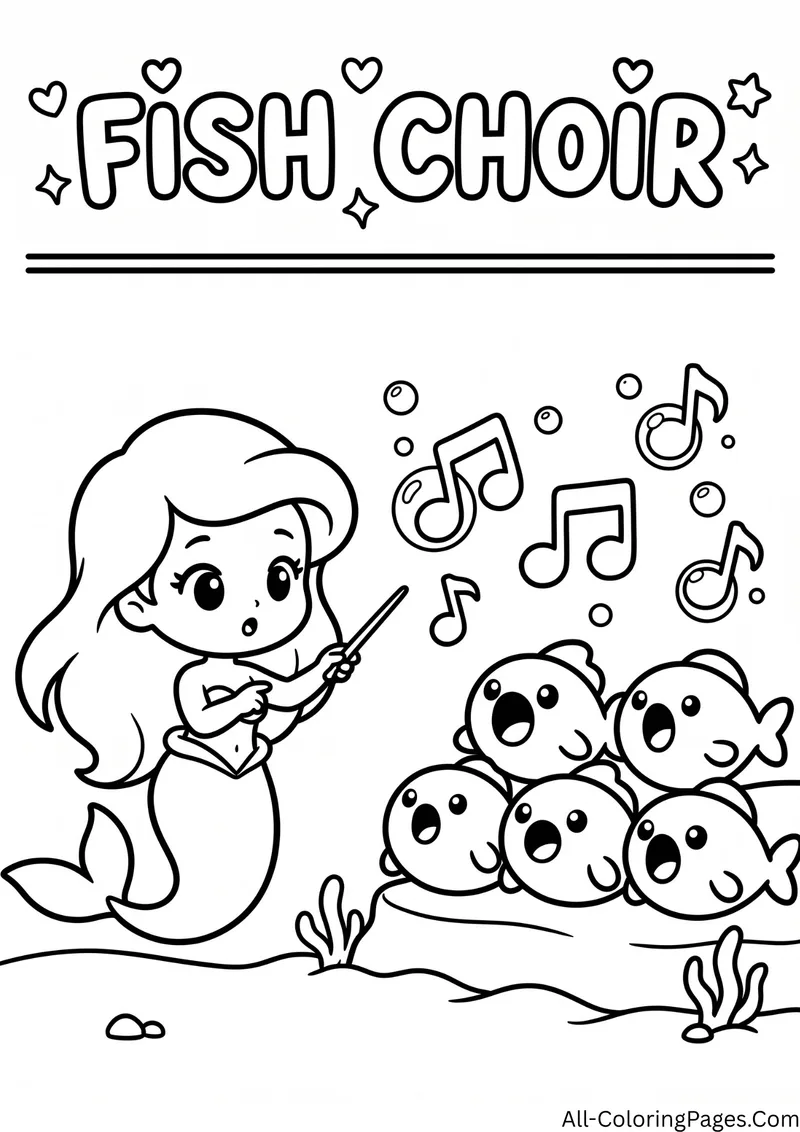 Mermaid holding a baton conducting a group of singing fish with music notes, with the title Fish Choir