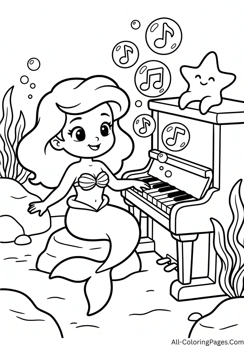 Mermaid playing a piano on the ocean floor with music note bubbles and a starfish