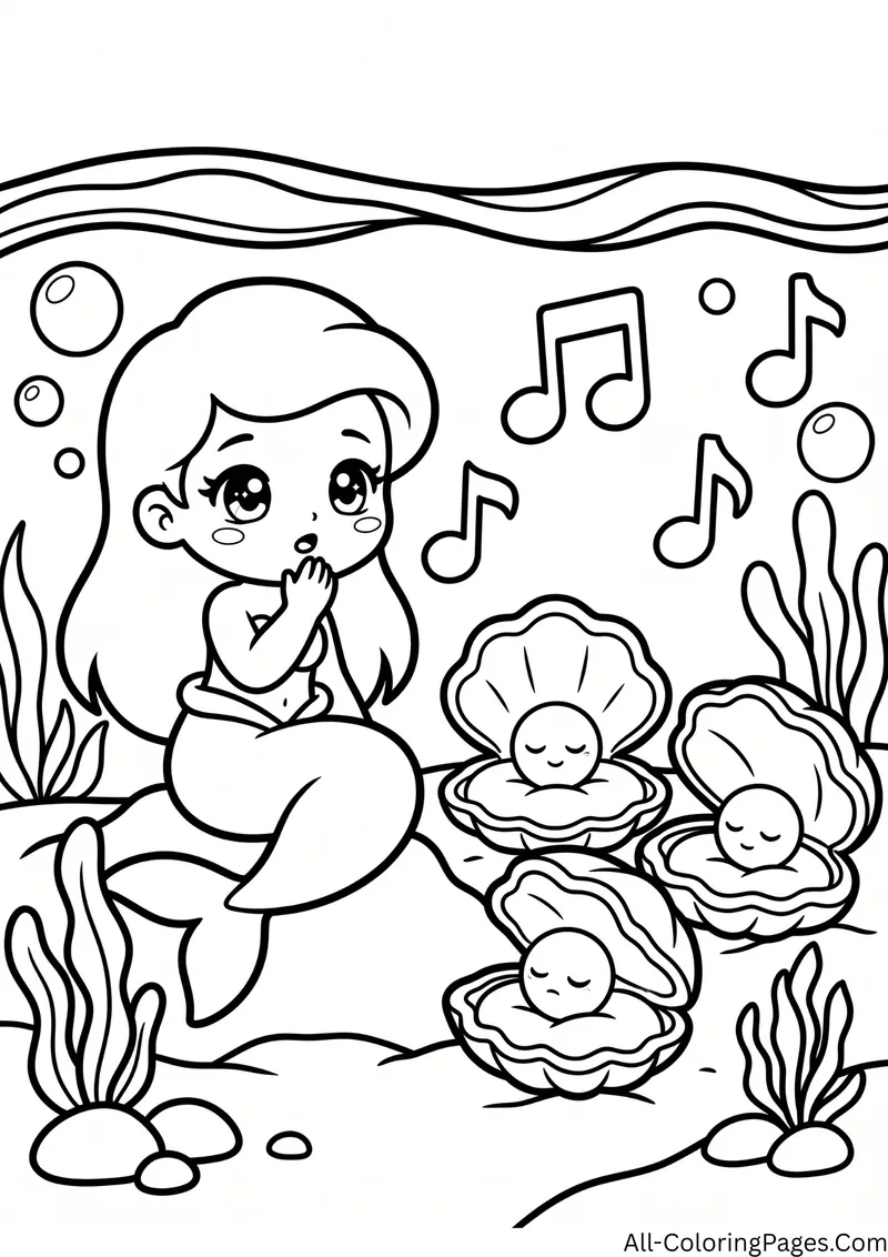 Mermaid singing beside smiling oysters with pearls, with music notes and seaweed