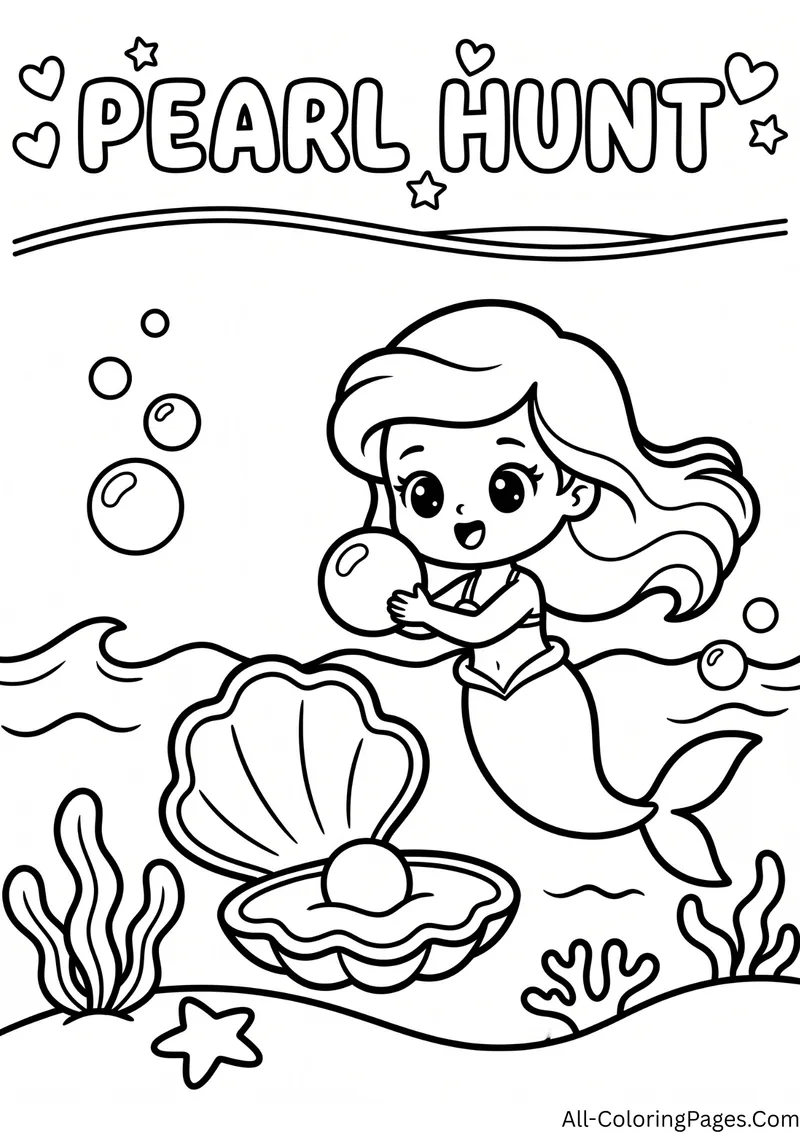 Mermaid holding a pearl beside an open clam shell with seaweed, with the title Pearl Hunt