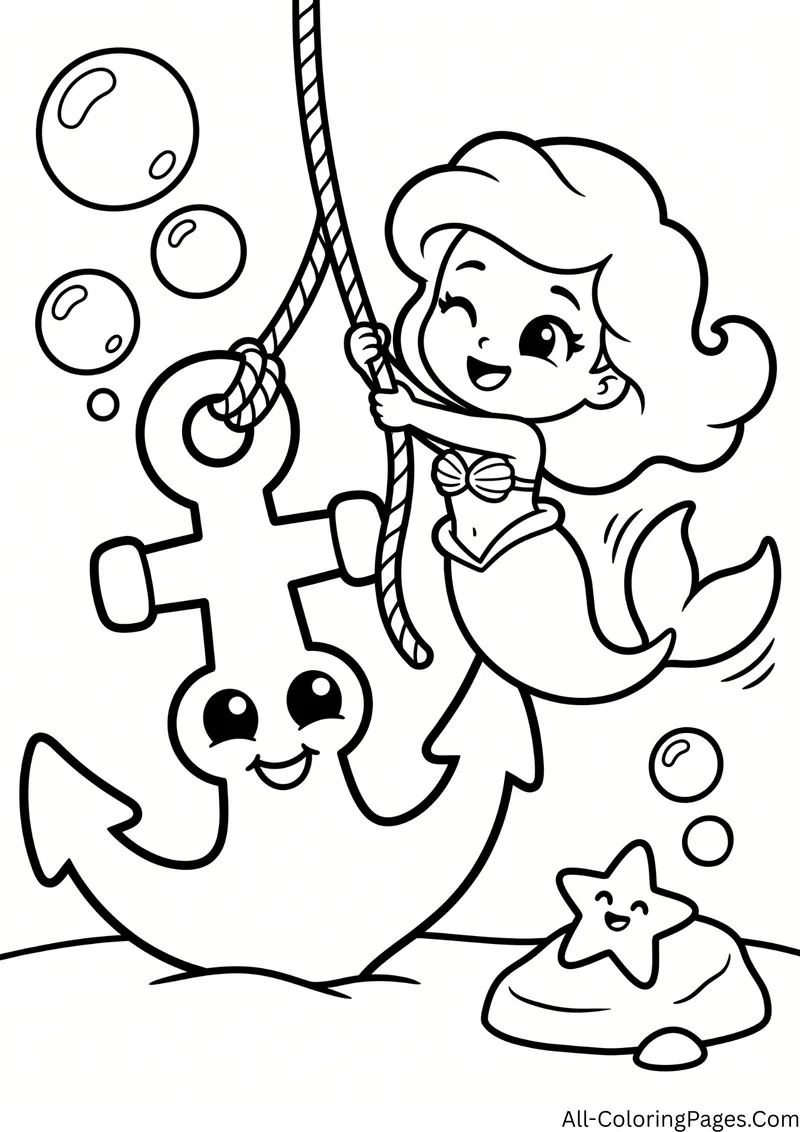Mermaid swinging on a rope next to a smiling anchor with bubbles and a starfish