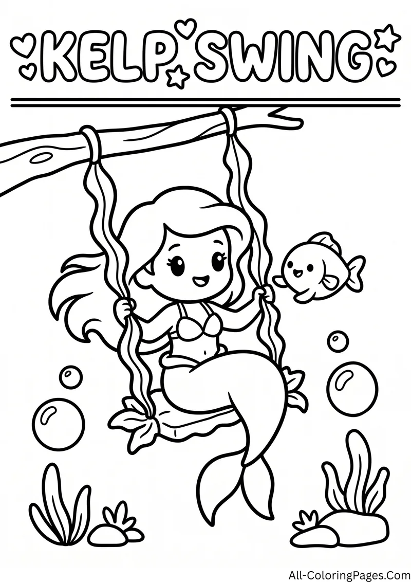 Mermaid sitting on a swing made of kelp hanging from a branch with a fish, with the title Kelp Swing