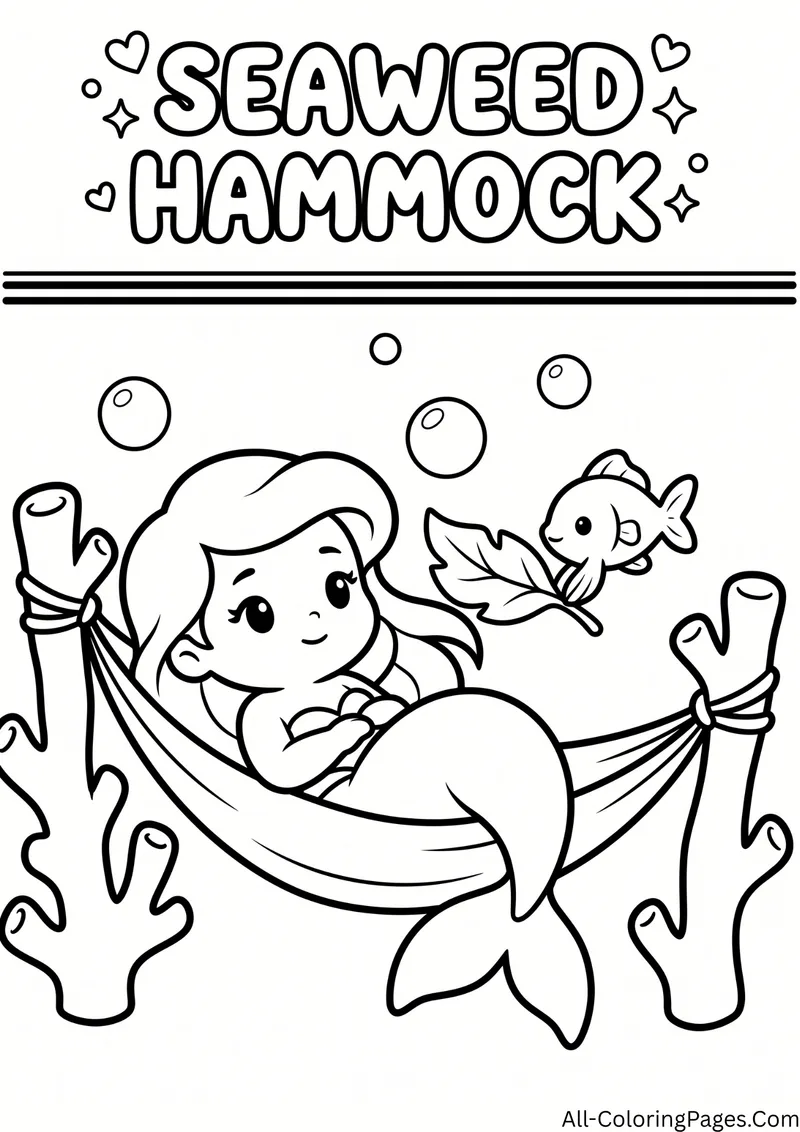 Mermaid resting in a hammock tied between coral, with a fish holding a leaf, and the title Seaweed Hammock