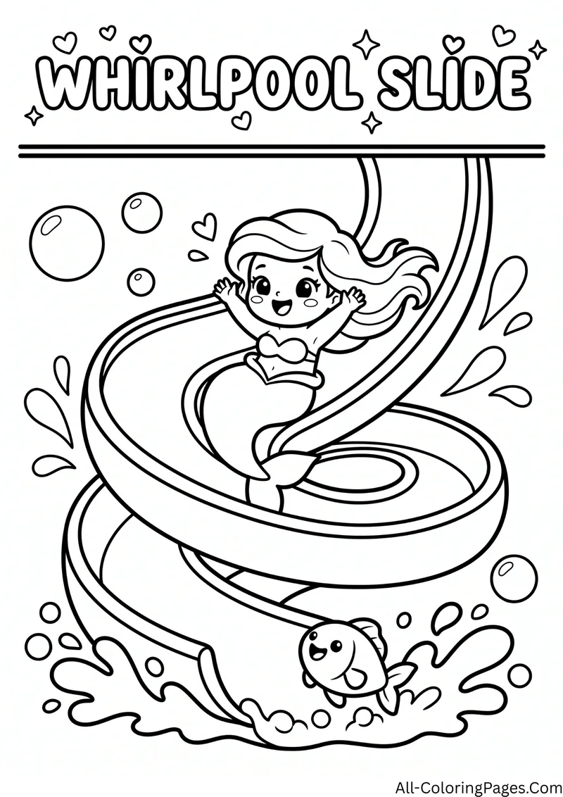 Mermaid sliding down a spiral water slide with a fish and splashes, with the title Whirlpool Slide
