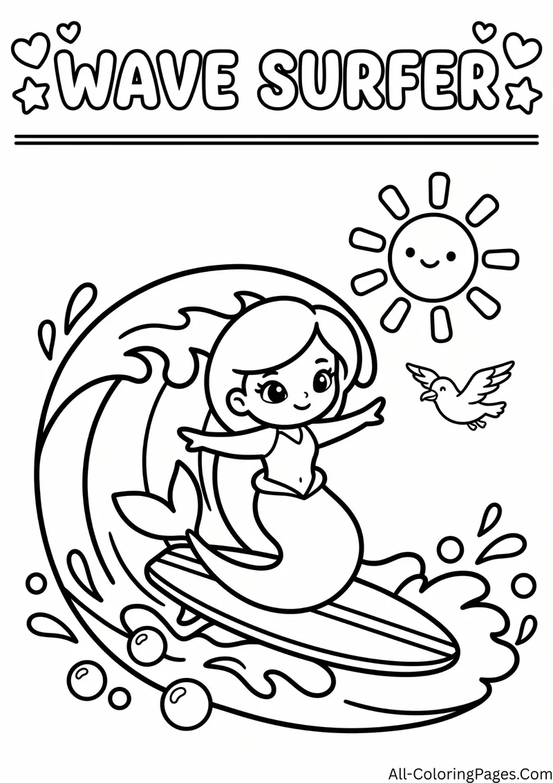 Mermaid surfing a big wave on a surfboard with a smiling sun and a bird, with the title Wave Surfer