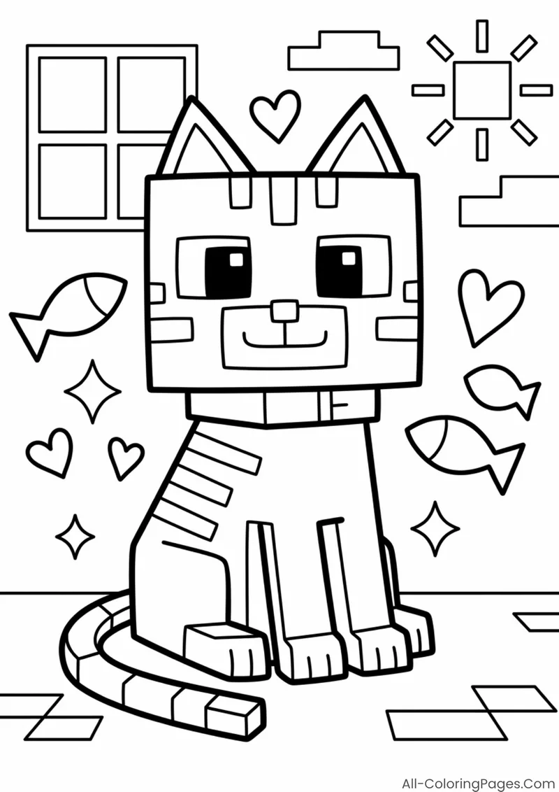 A striped cube-shaped cat sitting by a window with fish nearby