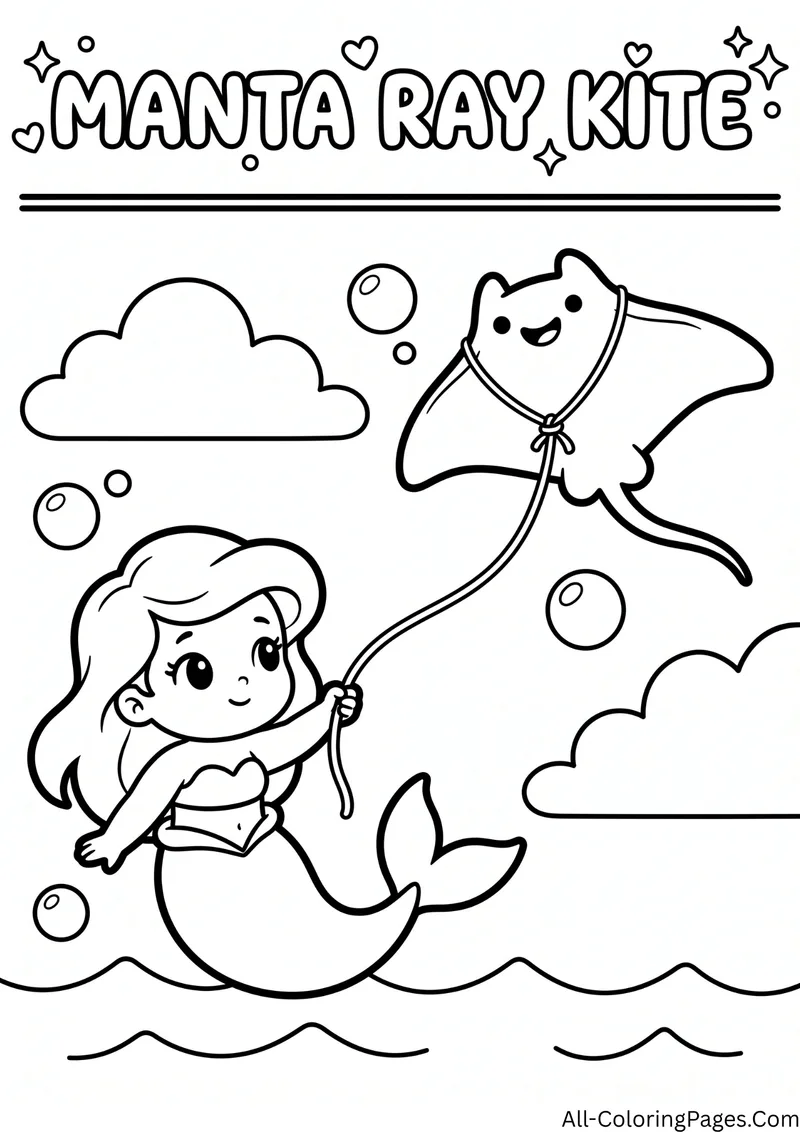 Mermaid flying a manta ray shaped kite above the waves with clouds, with the title Manta Ray Kite