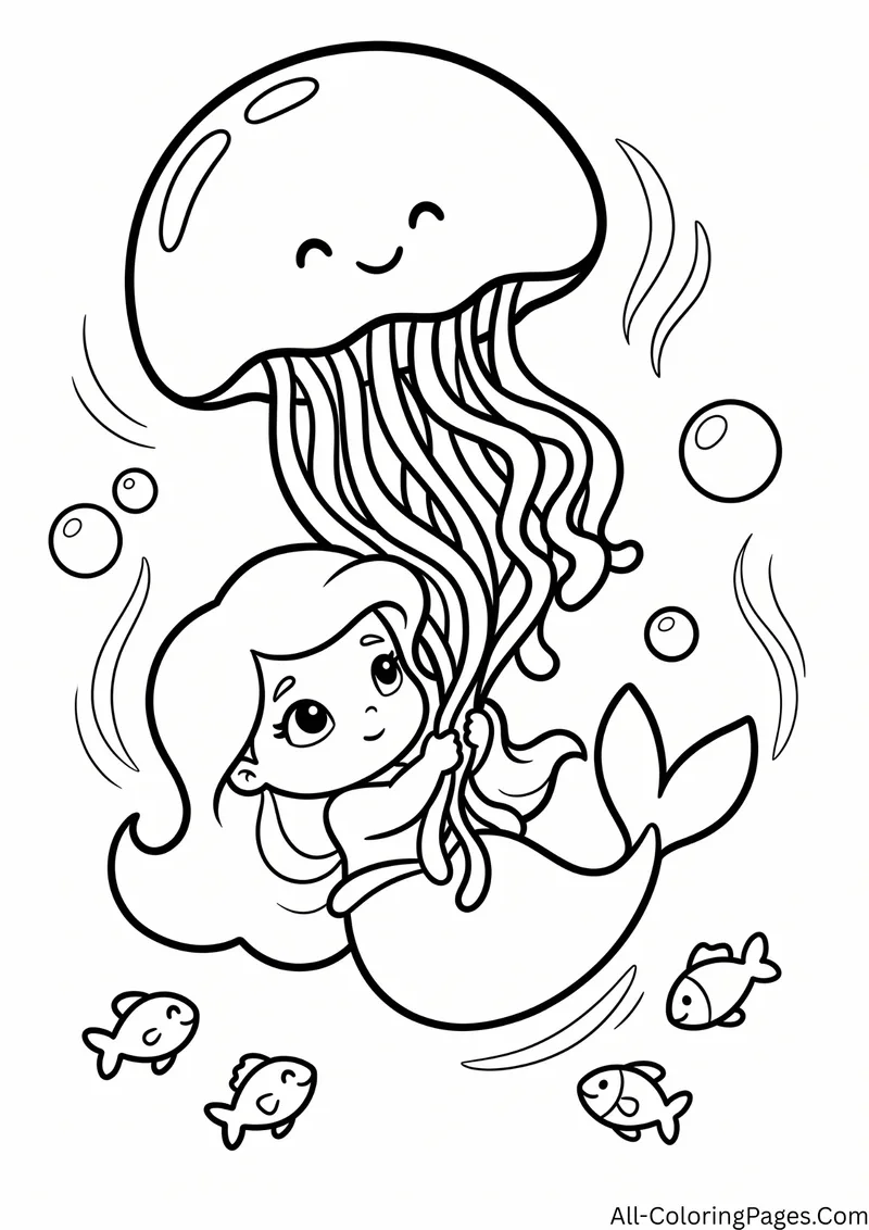 Mermaid holding onto the tentacles of a large smiling jellyfish as it floats, with small fish