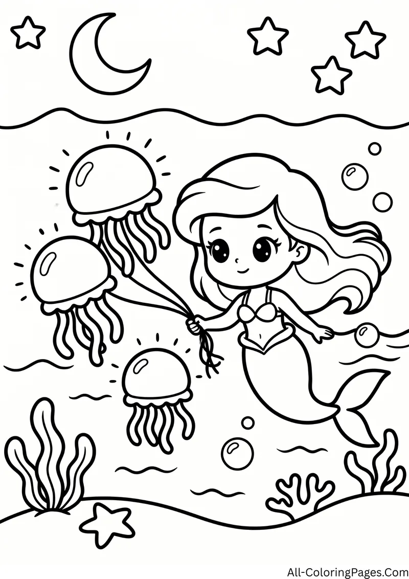 Mermaid holding three jellyfish on strings like balloons under a crescent moon and stars