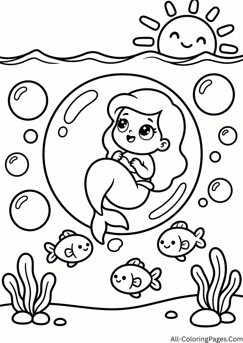 Mermaid curled up inside a large bubble rising toward the surface, with fish and a smiling sun