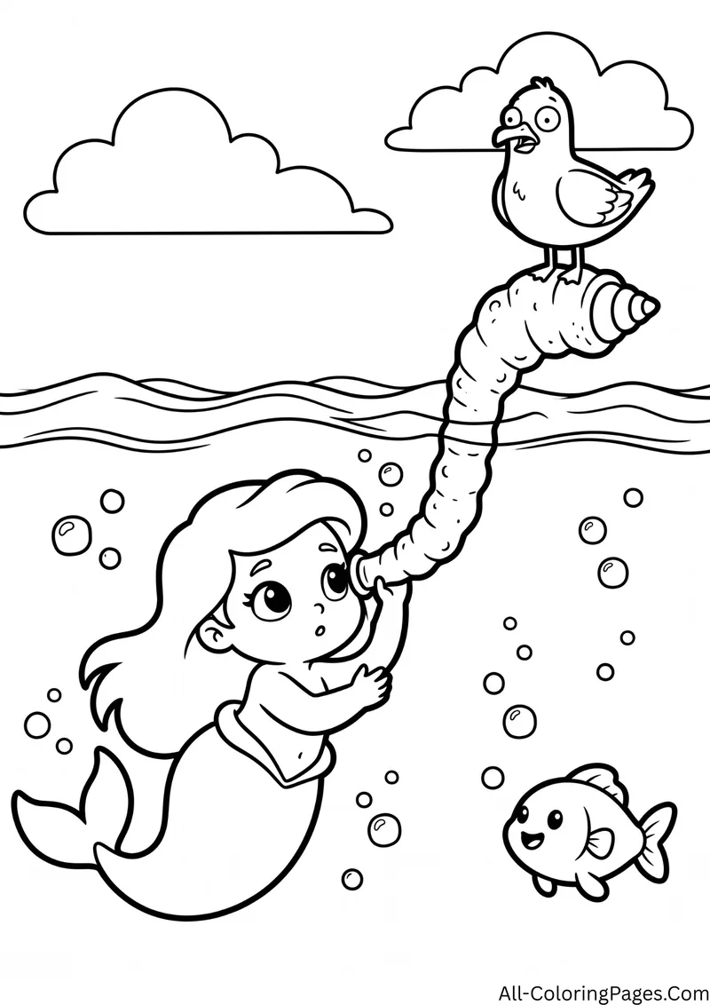 Mermaid looking through a seashell periscope that reaches above the water with a seagull on top