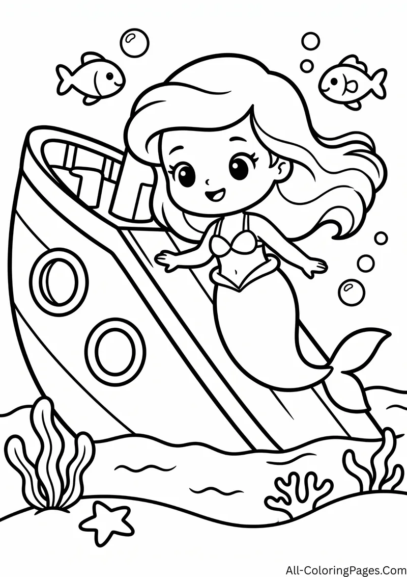 Mermaid swimming beside a sunken ship with portholes, with fish and seaweed