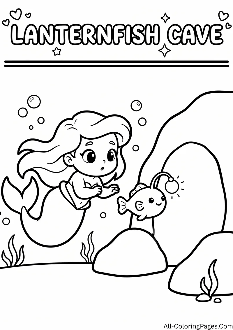 Mermaid in an underwater cave with a glowing lanternfish, with the title Lanternfish Cave