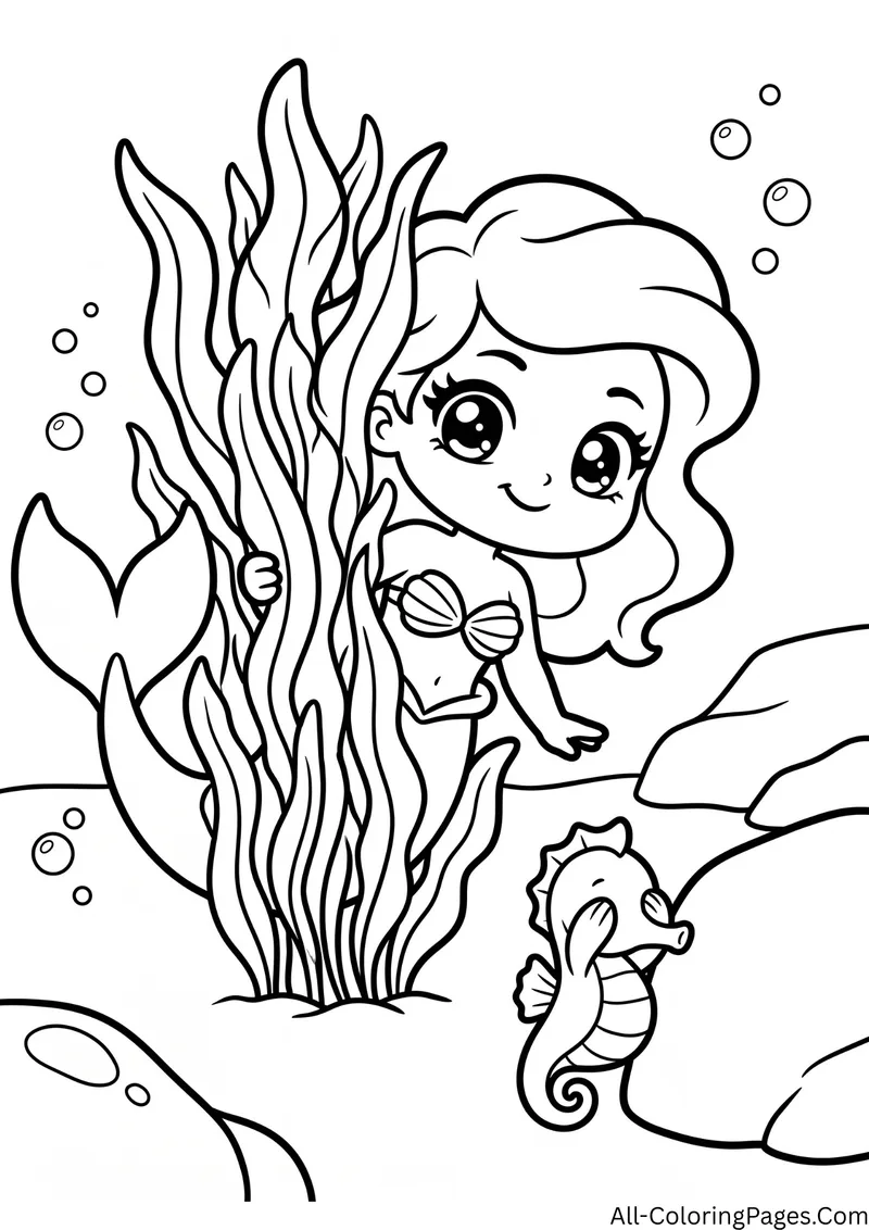Mermaid peeking from behind tall kelp while a seahorse covers its eyes