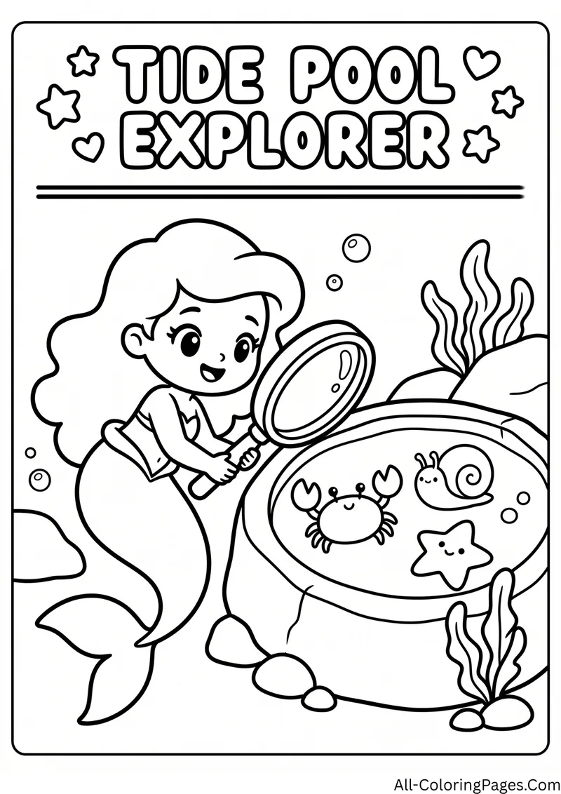Mermaid looking through a magnifying glass at a tide pool with a crab, a snail and a starfish, with the title Tide Pool Explorer