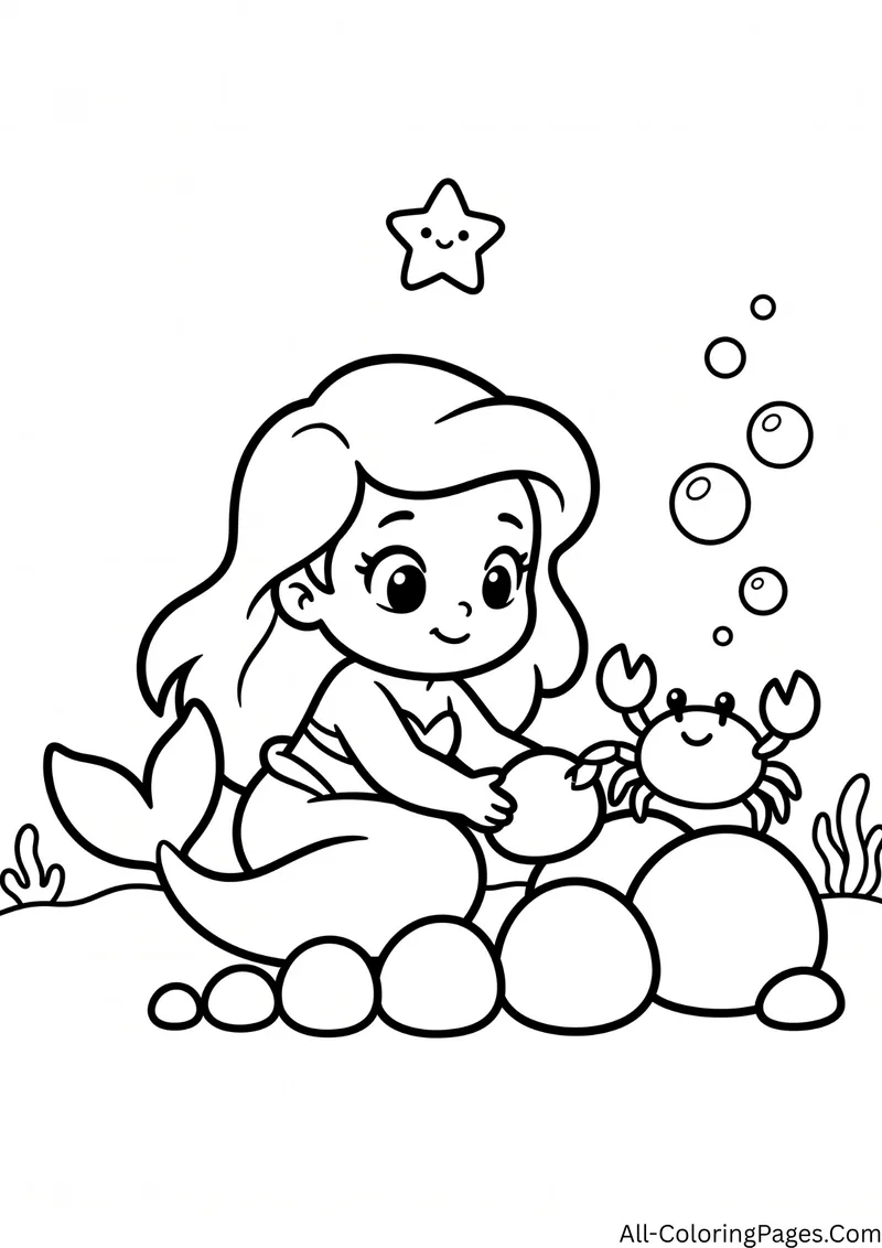 Mermaid stacking round pebbles with a small crab beside her