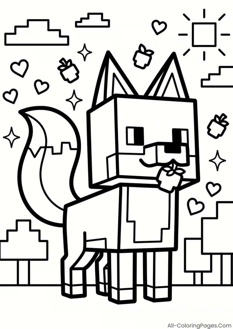 A blocky fox standing among floating acorns and hearts