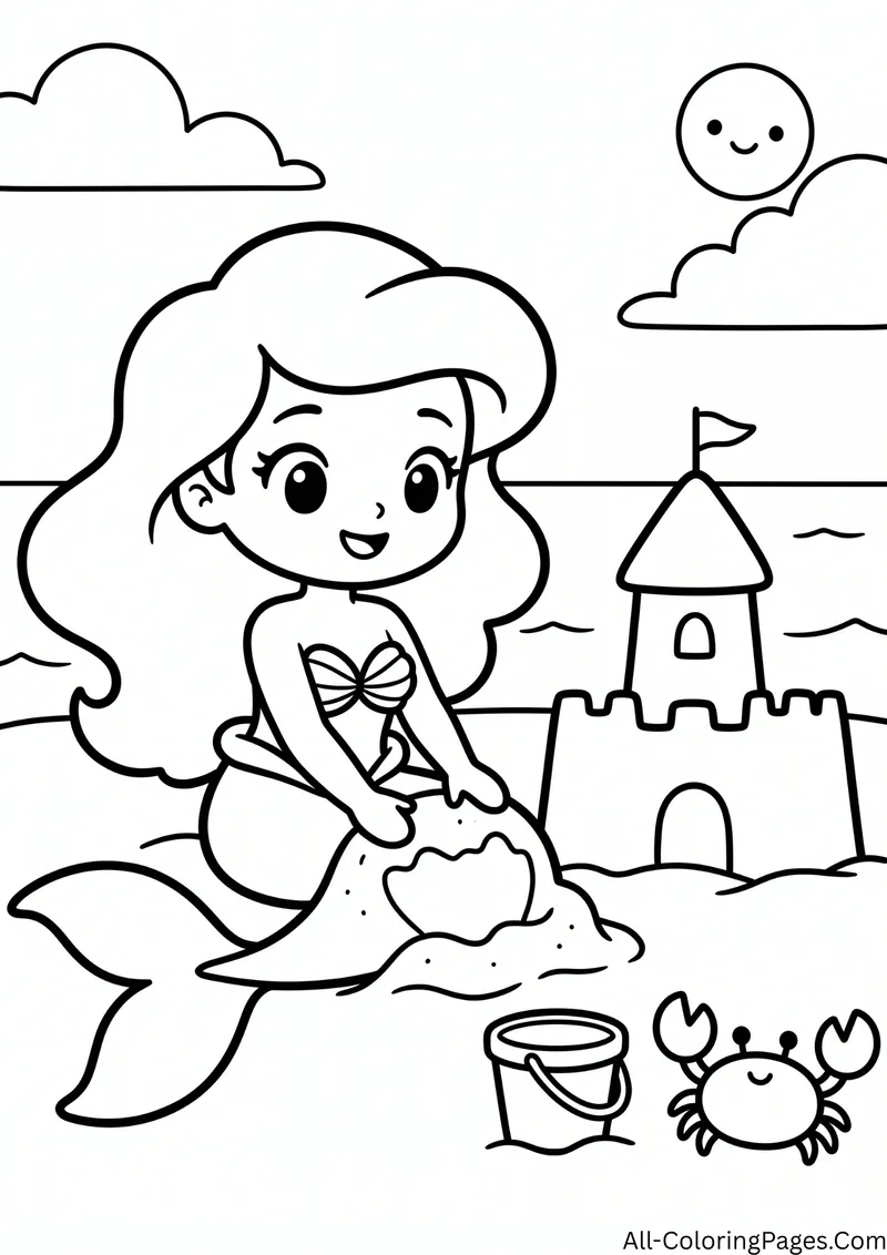 Mermaid building a sandcastle with a flag, a bucket and a crab under a smiling sun