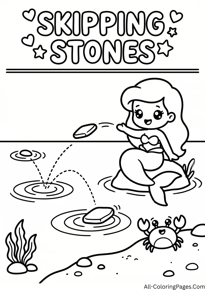 Mermaid on a rock skipping stones across the water with a crab on the shore, with the title Skipping Stones