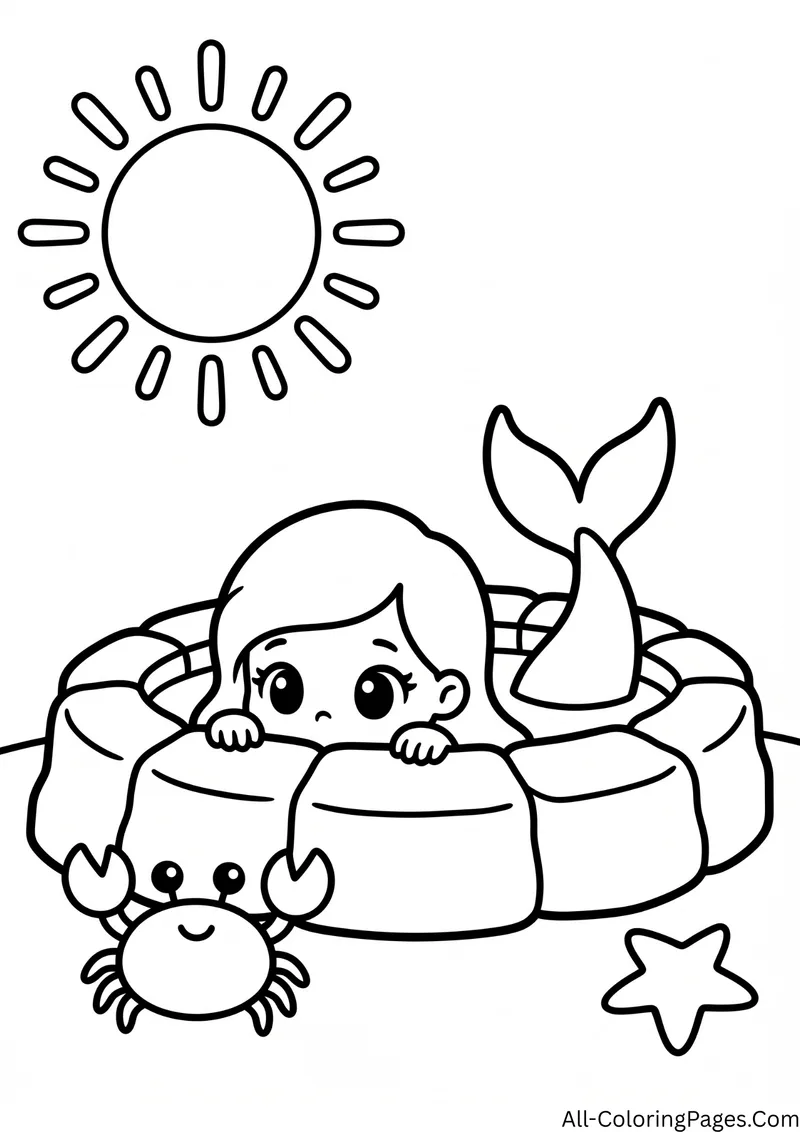 Mermaid peeking over the rim of a rock pool with her tail raised, a crab and a big sun