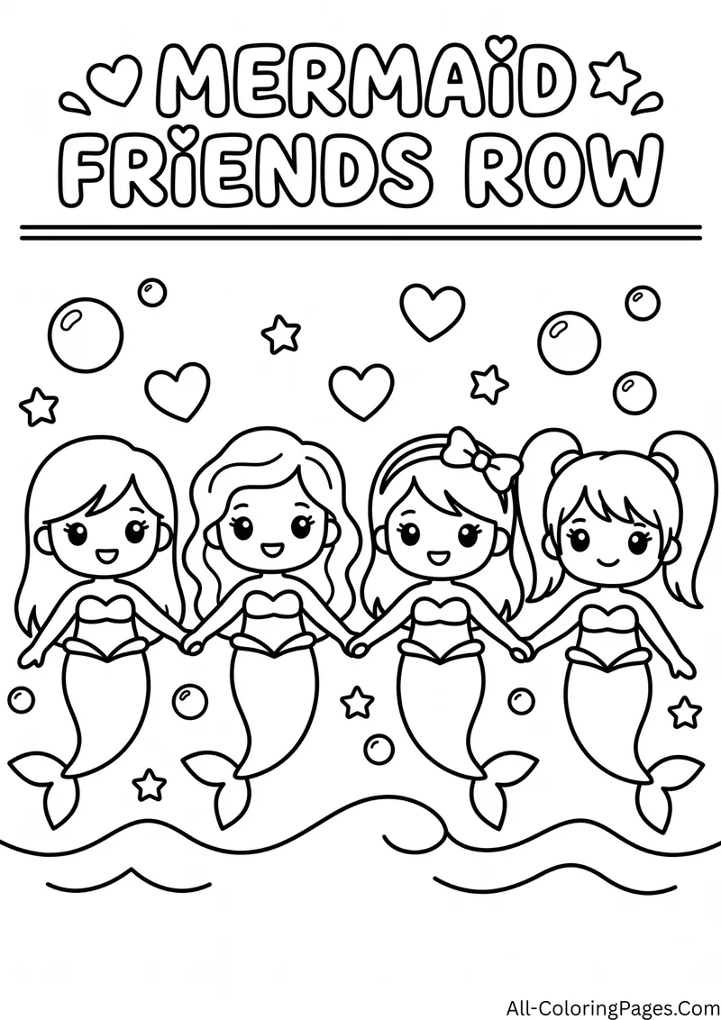Four mermaids holding hands in a row with hearts and bubbles, with the title Mermaid Friends Row