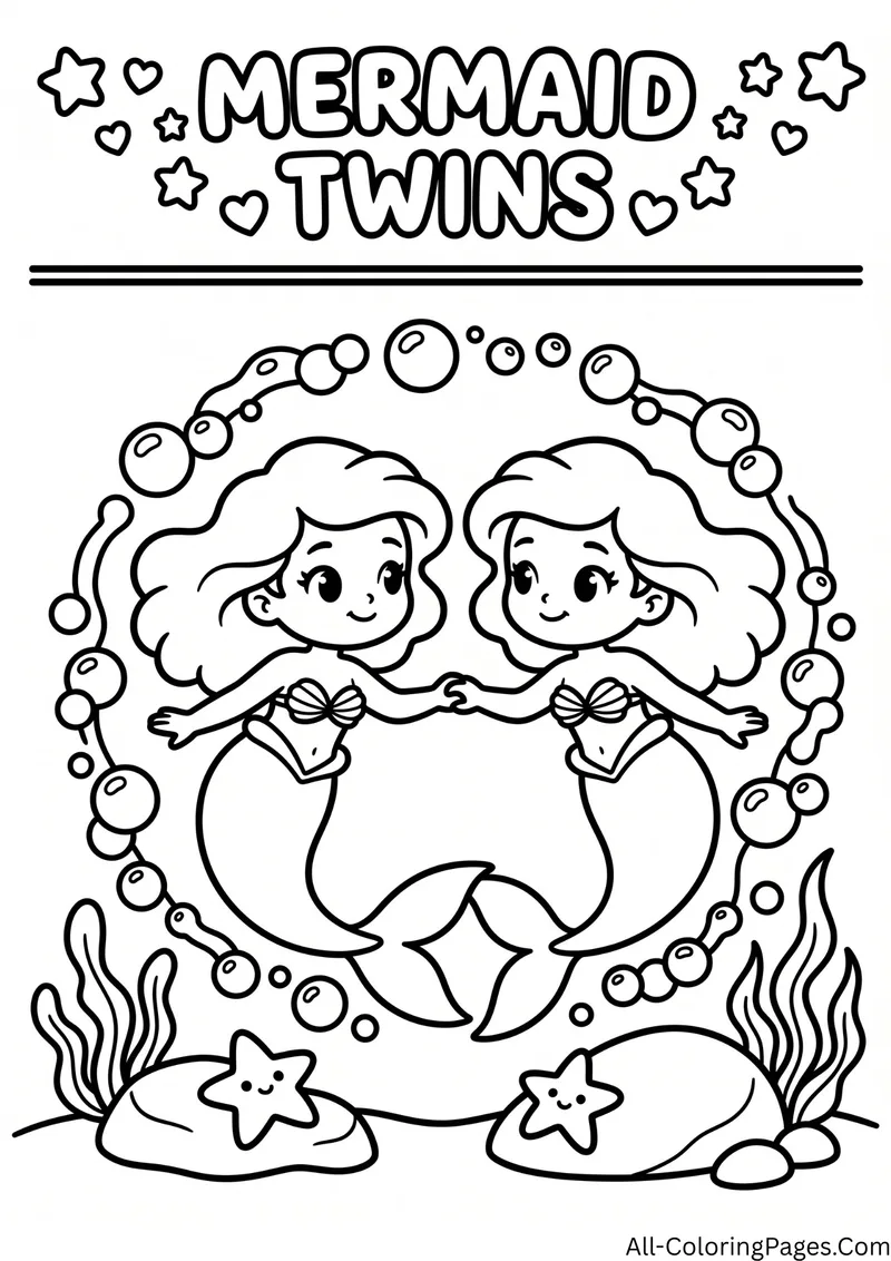 Two mermaids holding hands inside a circle of pearls with starfish, with the title Mermaid Twins