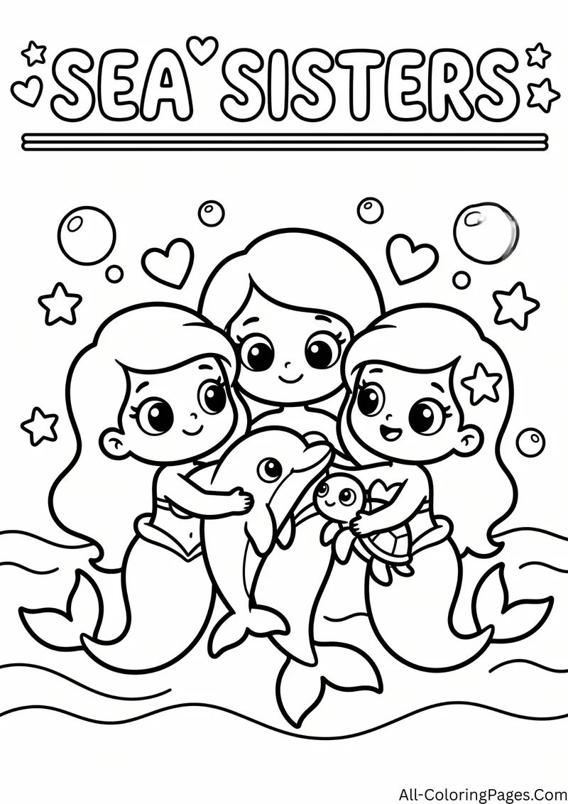 Three mermaids hugging a dolphin and a small turtle with hearts and bubbles, with the title Sea Sisters