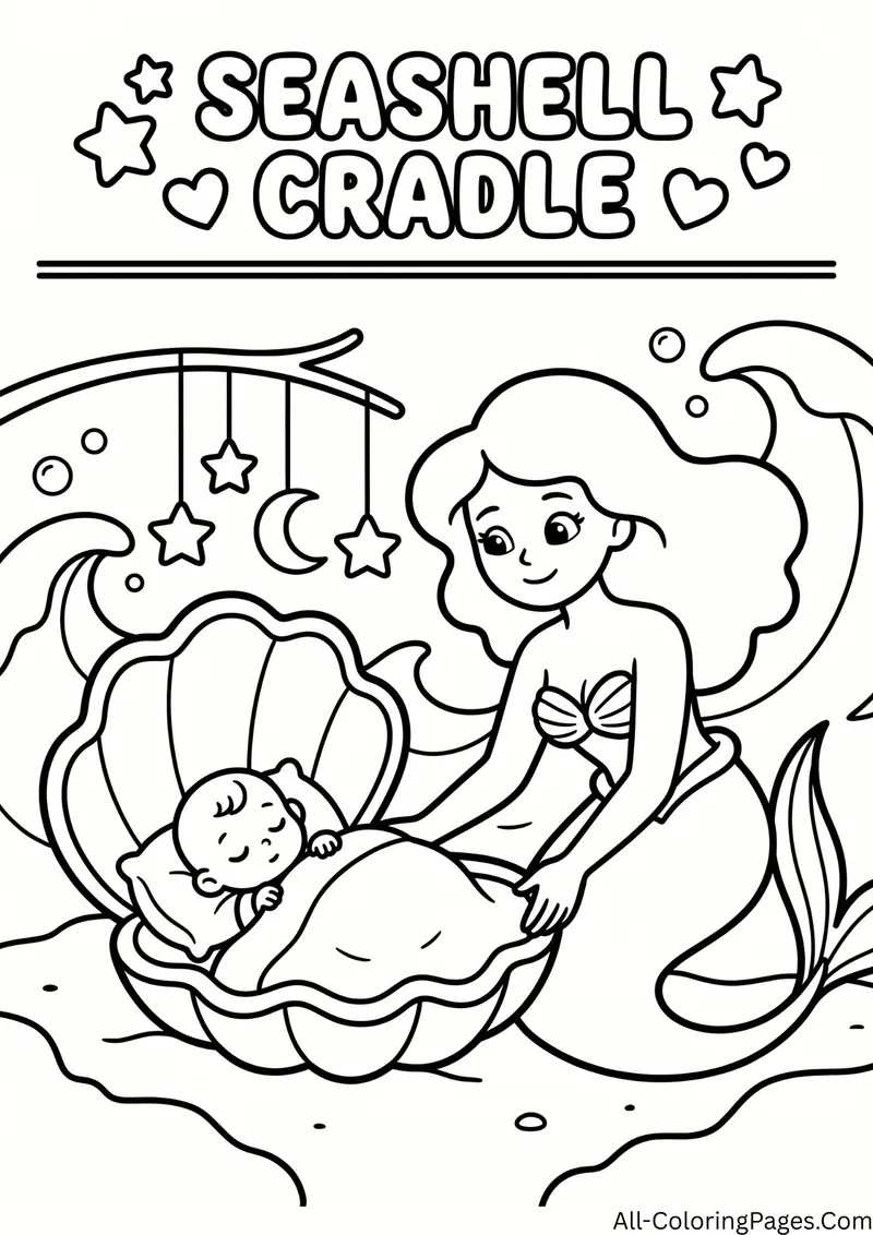 Mermaid mother rocking a baby sleeping in a seashell cradle with a hanging star and moon mobile, with the title Seashell Cradle