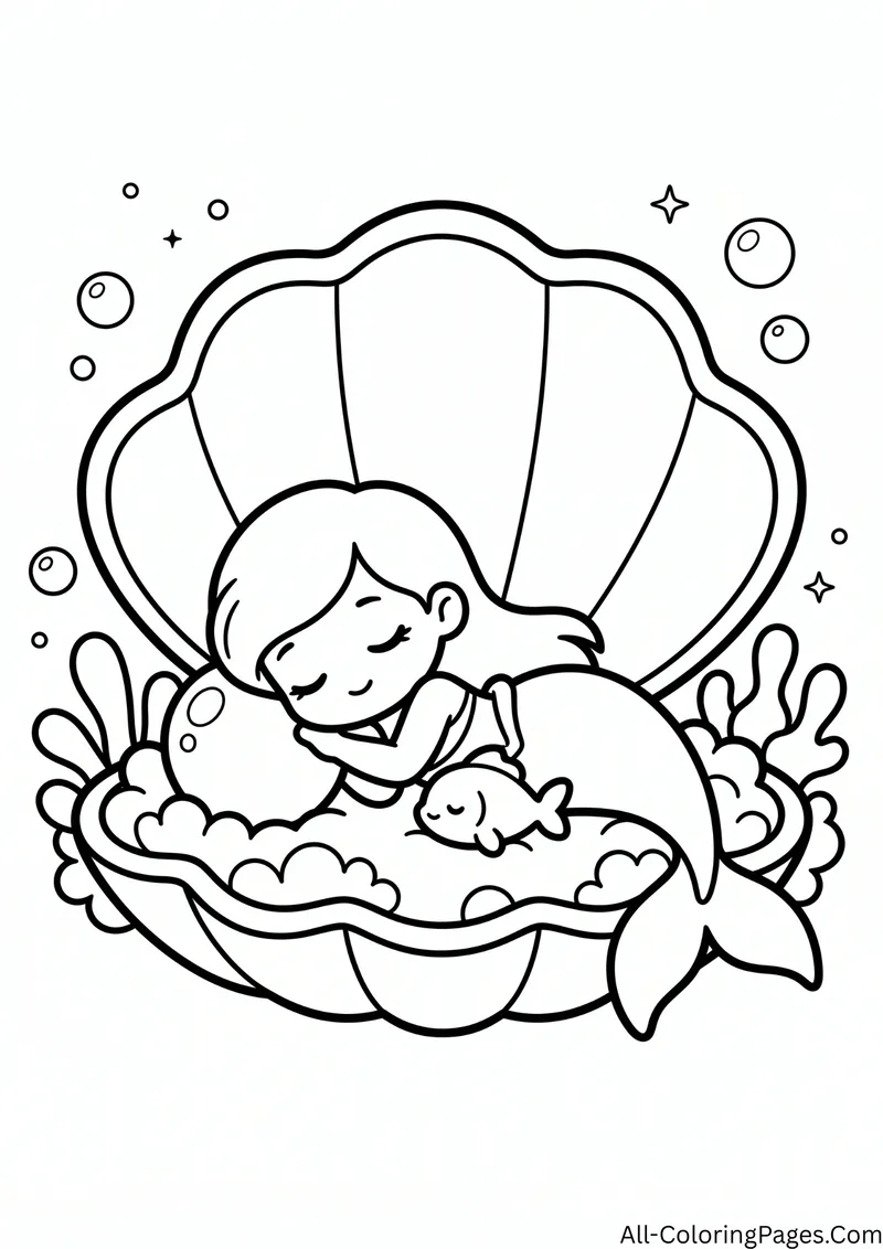 Mermaid sleeping inside a large open clam shell hugging a small fish